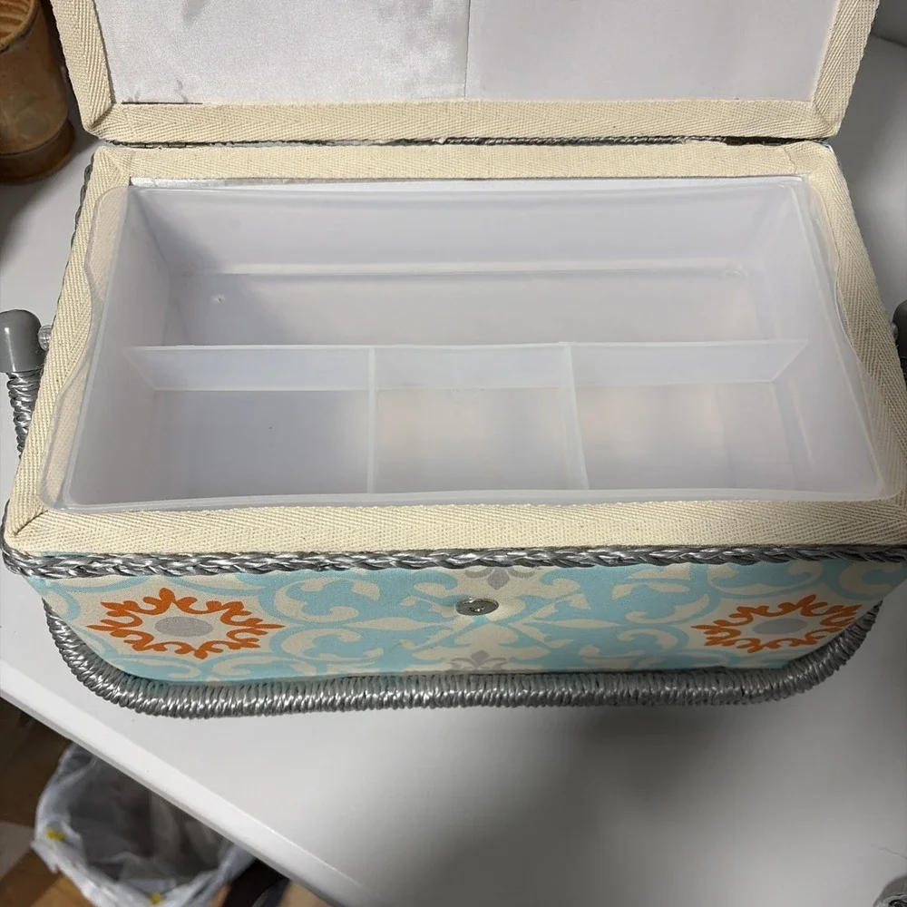 Unbranded Fabric Covered Sewing Box Blue Orange Damask Organizer with Tray